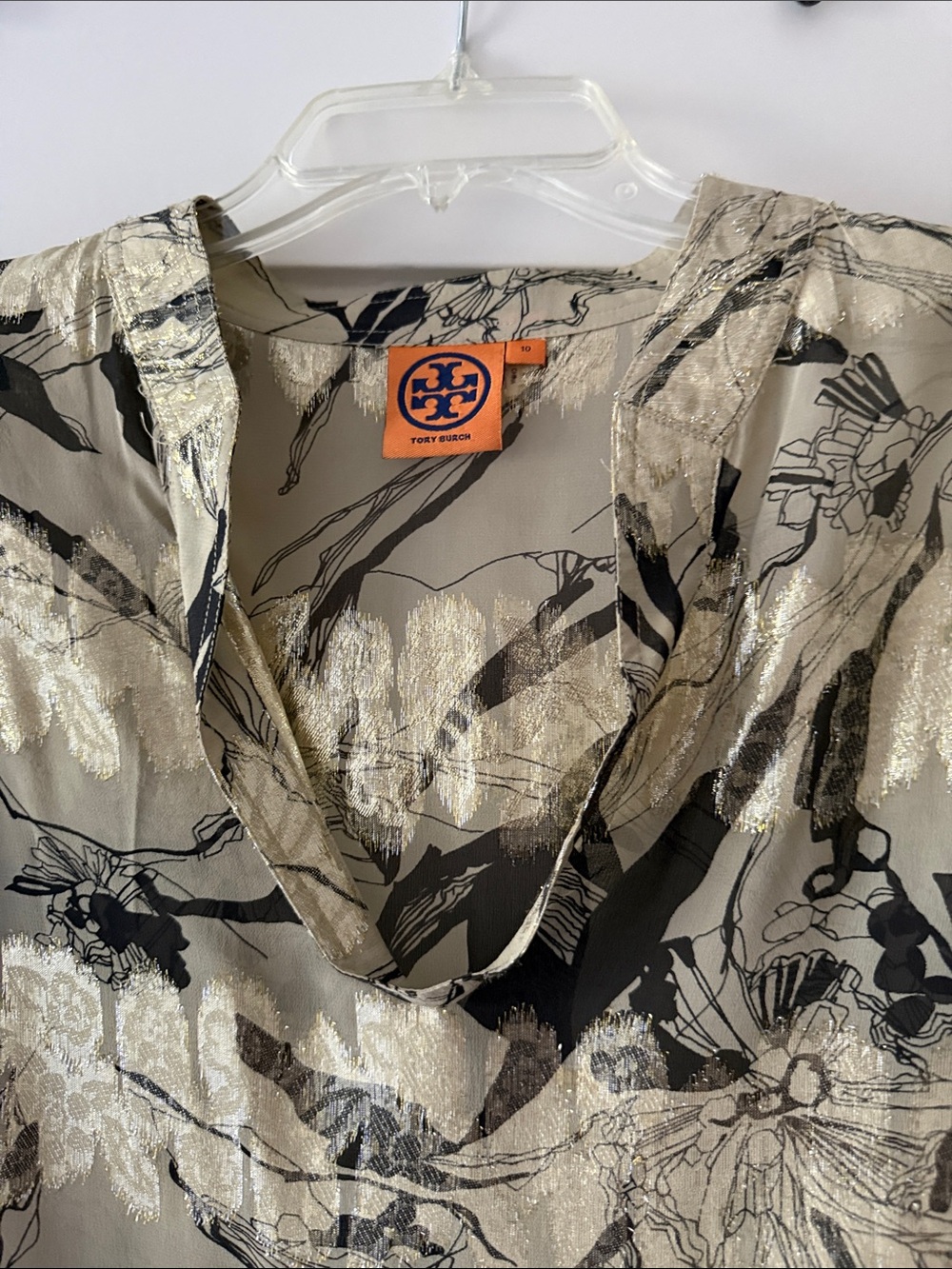 Tory Burch Black and Gold Metallic Floral V-Neck Top - Picture 3 of 5